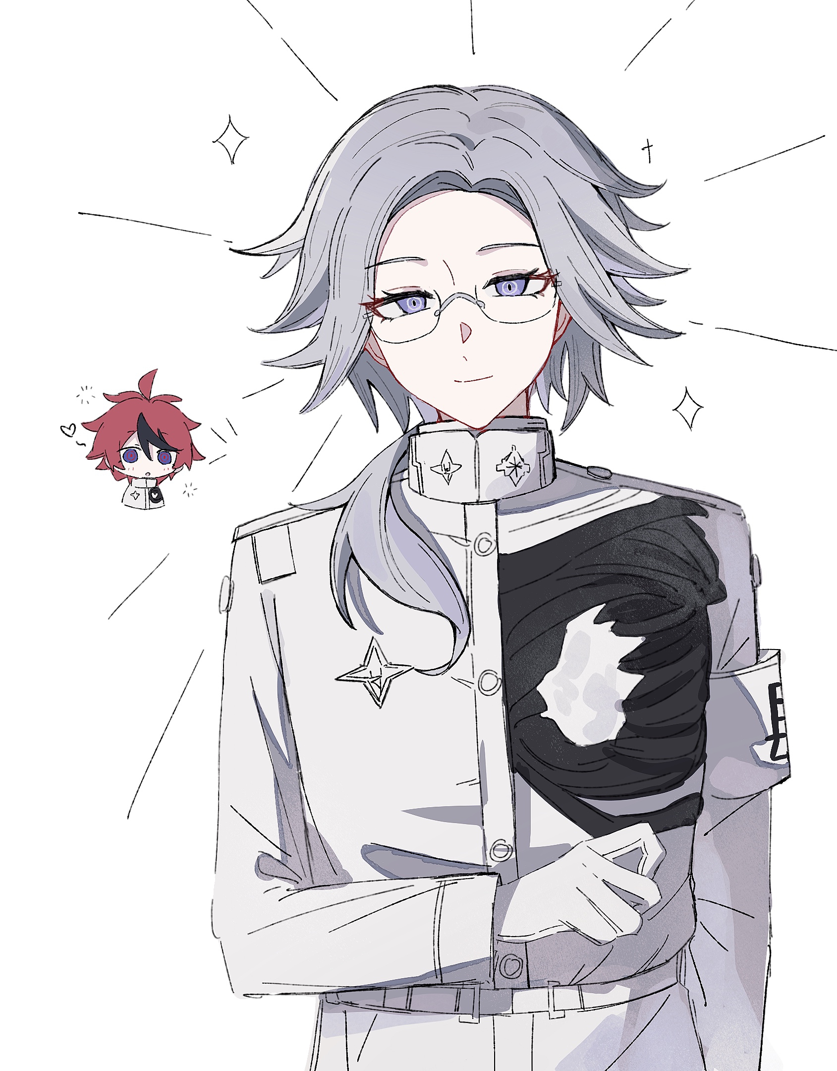aotsuki eito, sumino takumi, the hundred line -last defense academy-, highres, 2boys, ahoge, alternate hairstyle, armband, belt, black streaks, blue eyes, chibi, chibi inset, emphasis lines, gakuran, glasses, gloves, grey hair, heart, jacket, last defense academy school uniform, looking at another, looking at viewer, male focus, multicolored hair, multiple boys, pants, ponytail, purple eyes, qiming zhende hao nan, red hair, ringed eyes, school uniform, short hair, smile, sparkle, squeans, streaked hair, white armband, white background, white belt, white gloves, white jacket, white pants