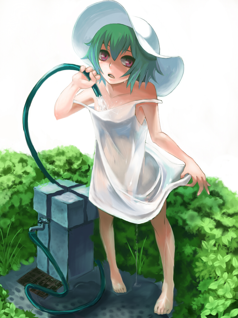 uchida akira, original, bad id, bad pixiv id, barefoot, dress, green hair, hat, hose, navel, purple eyes, see-through clothes, short hair, solo, water, wet