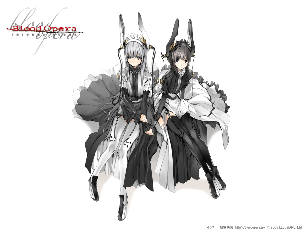 houden eizou, blood opera, black hair, blue eyes, dress, grey eyes, legs, long hair, short hair, thighhighs, white hair