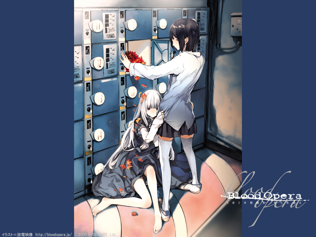 houden eizou, blood opera, white legwear, 2girls, black hair, leaf, legs, locker, looking at viewer, maple leaf, multiple girls, pleated skirt, short hair, skirt, white hair