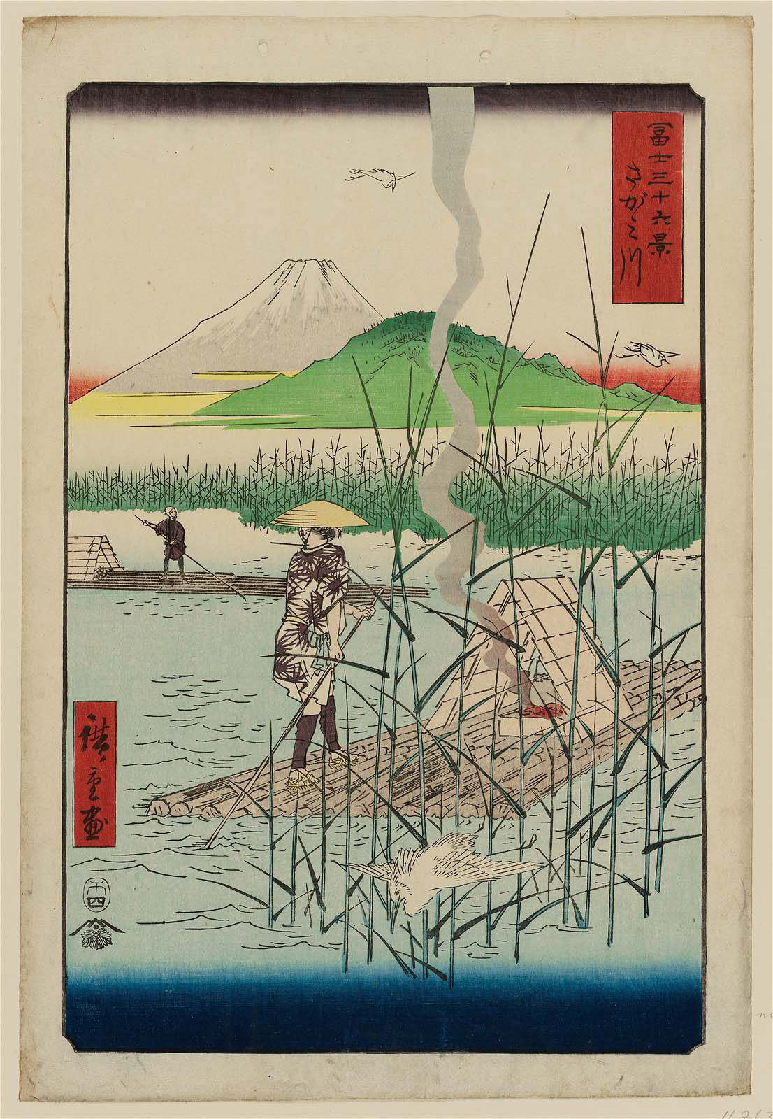ando hiroshige, original, thirty-six views of mount fuji (hiroshige), highres, traditional media, translation request, 19th century, 1boy, 1girl, bird, black hair, cooking pot, crane (animal), fine art parody, fire, flying, gradient sky, hat, japan, japanese clothes, kimono, looking at another, mount fuji, mountain, nihonga, outdoors, parody, purple sky, raft, red sky, river, rowing, sandals, scenery, short kimono, sky, smoke, straw hat, ukiyo-e, volcano, water, white sky