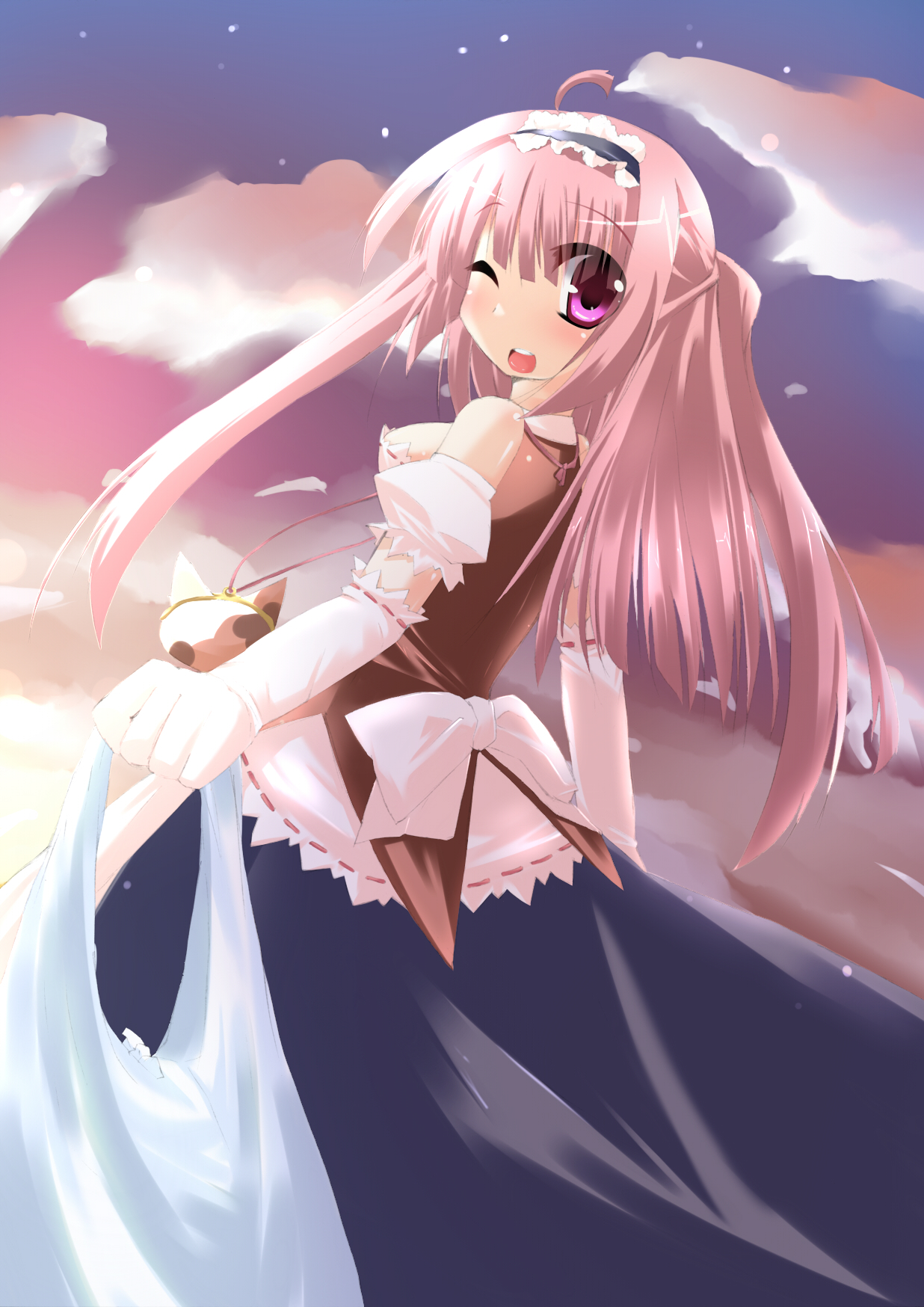 alfred (artist), original, highres, 1girl, ahoge, bag, breasts, dress, female focus, hairband, headband, large breasts, long hair, one eye closed, pink eyes, pink hair, sideboob, solo, wink