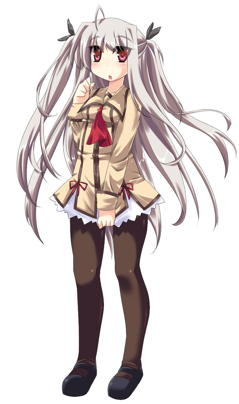 alfred (artist), original, highres, ahoge, hair ribbon, long hair, pantyhose, purple eyes, ribbon, school uniform, simple background, solo, white hair
