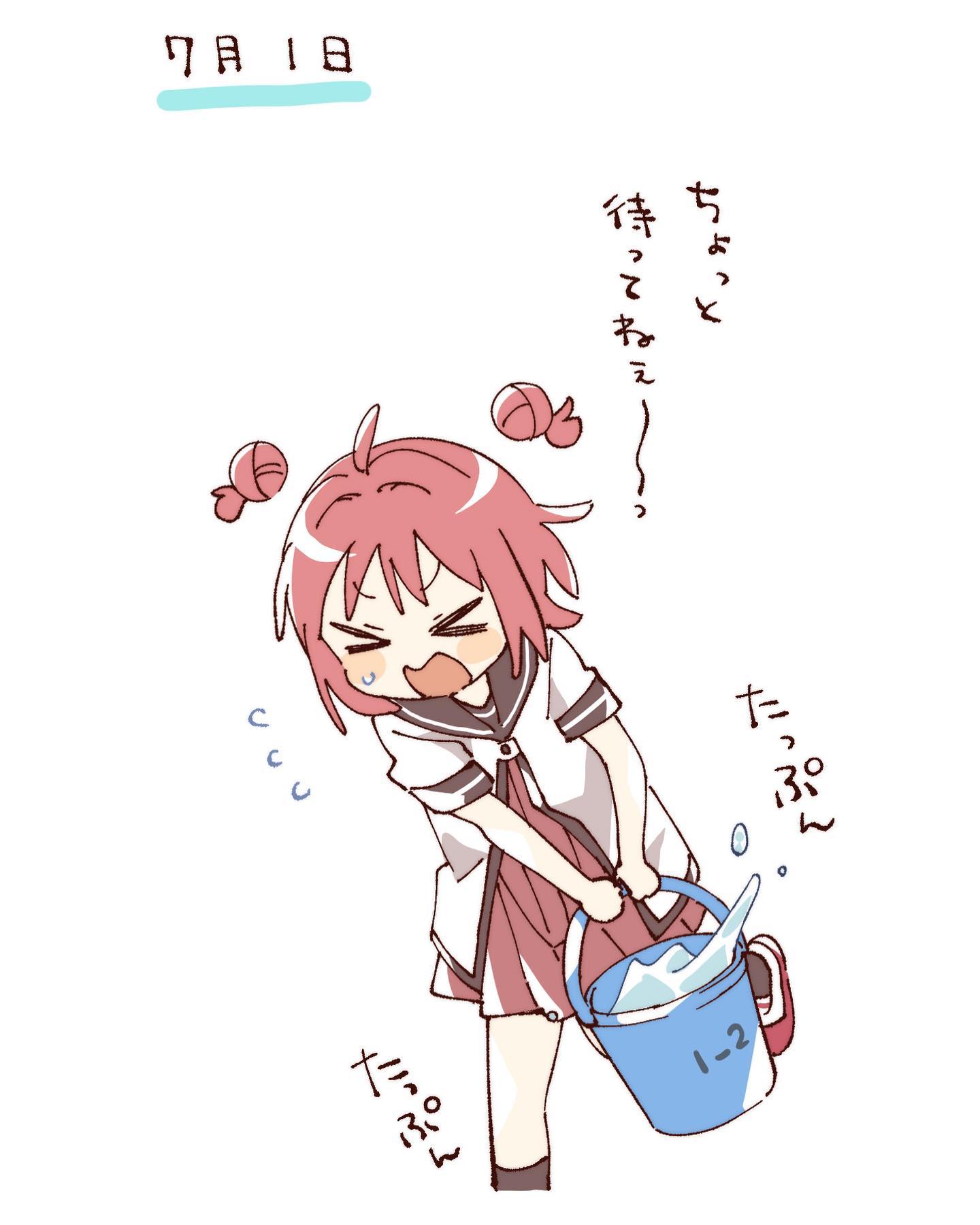 namori, akaza akari, yuruyuri, hashtag-only commentary, highres, translation request, > <, 1girl, ahoge, black socks, blush stickers, brown sailor collar, brown shirt, bucket, bucket of water, closed eyes, cropped legs, detached hair, double bun, dress, flying sweatdrops, hair bun, holding, holding bucket, nanamori school uniform, open mouth, pleated dress, red dress, red shoes, sailor collar, school uniform, shirt, shoes, short sleeves, simple background, socks, solo, summer uniform, sweatdrop, water, white background