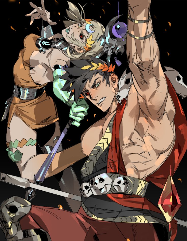 genichiro cute, melinoe (hades), zagreus (hades), hades (series), 1boy, 1girl, animal skull ornament, bare pectorals, black background, black hair, blonde hair, colored sclera, crescent moon, dress, feet out of frame, greco-roman clothes, green lips, holding, holding weapon, laurel crown, moon, muscular, muscular male, orange dress, pectorals, red eyes, robe, short hair, simple background, single bare shoulder, skeletal arm, spiked hair, teeth, weapon