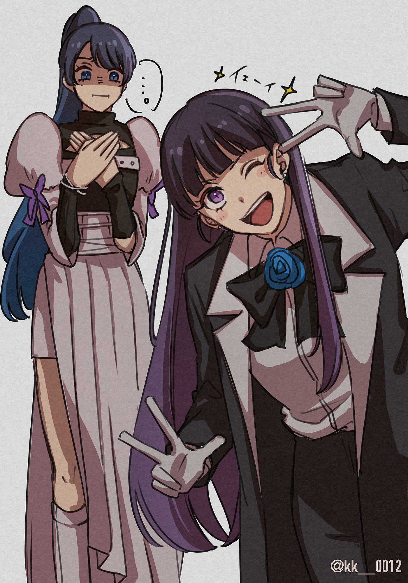 keeko (kk 0012), chando (ado), yoshino (utaite), ado (utaite), cloud nine inc, commentary request, highres, translated, 2girls, black bow, black bowtie, black coat, black hair, blue eyes, bow, bowtie, closed mouth, coat, company connection, cosplay, costume switch, double w, earrings, gloves, gradient hair, jewelry, long hair, long sleeves, mole, mole under eye, multicolored hair, multiple girls, open clothes, open coat, open mouth, ponytail, purple eyes, purple hair, shirt, skirt, smile, sparkle, teeth, upper teeth only, utaite, w, white gloves, white shirt, white skirt