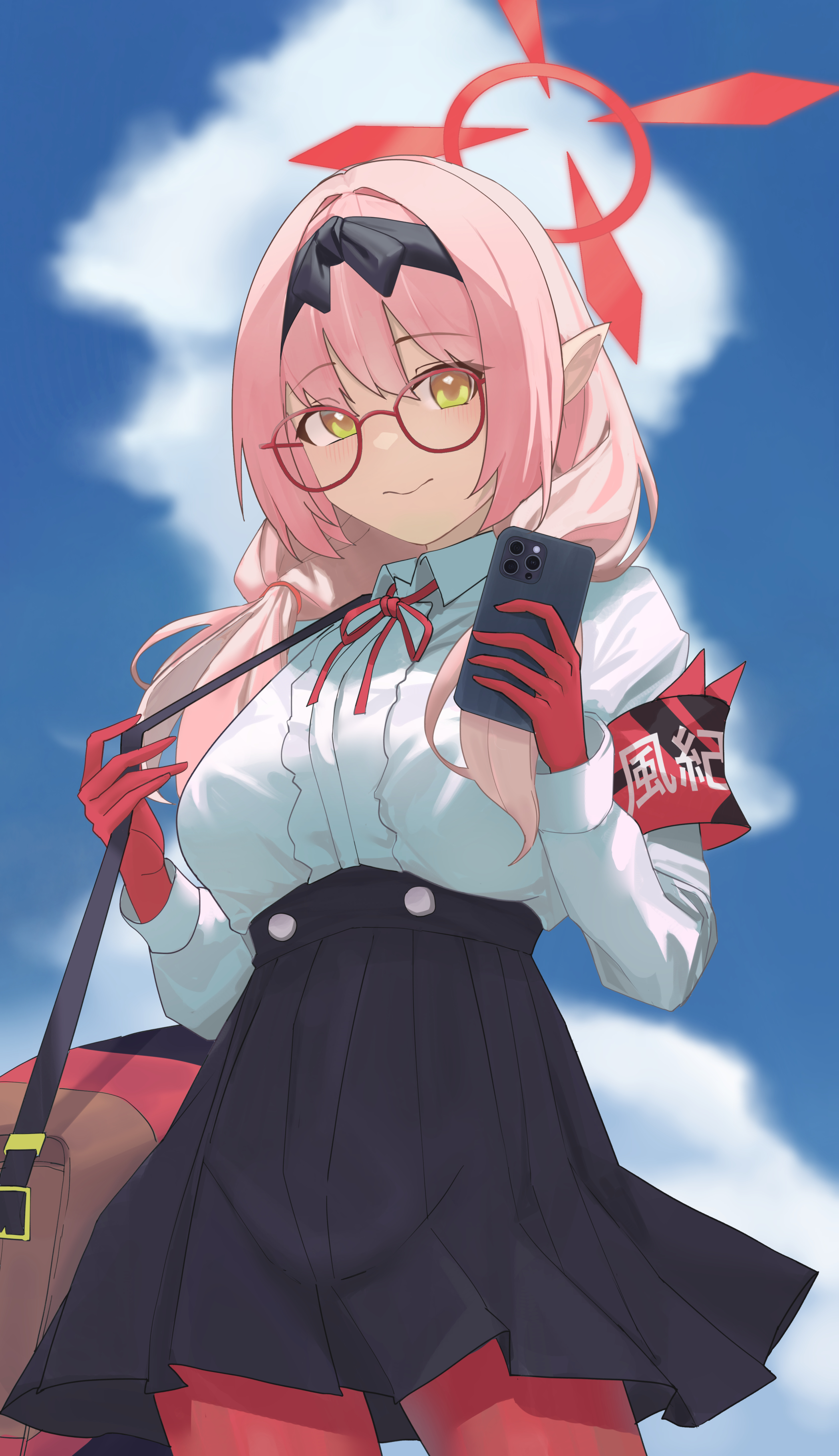 kevin777895, chinatsu (blue archive), blue archive, absurdres, commentary, highres, 1girl, armband, bag, black hairband, black skirt, blue sky, blurry, blurry background, brown bag, cellphone, center frills, closed mouth, cloud, cloudy sky, collared shirt, cowboy shot, frills, glasses, gloves, hairband, halo, hands up, holding, holding phone, holding strap, low twintails, miniskirt, neck ribbon, pantyhose, phone, pink hair, pleated skirt, pointy ears, red-framed eyewear, red armband, red gloves, red halo, red pantyhose, red ribbon, ribbon, shirt, shoulder bag, skirt, sky, smartphone, solo, twintails, white shirt, yellow eyes