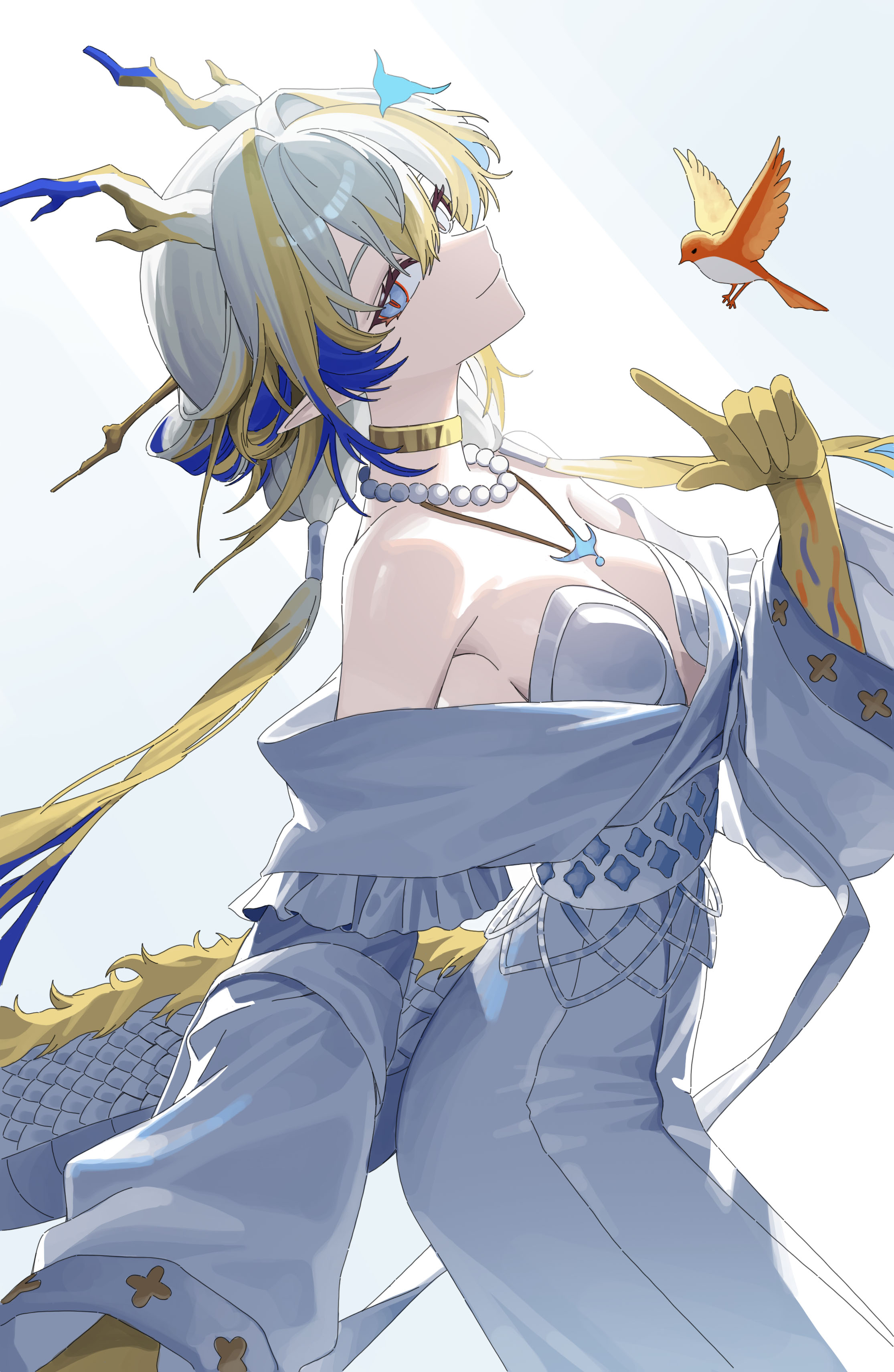shu (arknights), ambience synesthesia, arknights, absurdres, highres, 1girl, arched back, bare shoulders, bird, blue eyes, breasts, cheong seol, choker, closed mouth, colored extremities, dragon horns, dragon tail, dress, from side, gold choker, hair ornament, hairpin, hand up, horns, index finger raised, jewelry, looking at viewer, multicolored hair, necklace, off shoulder, official alternate costume, pearl necklace, pointy ears, red pupils, simple background, small breasts, smile, solo, tail, twintails, white dress, wide sleeves