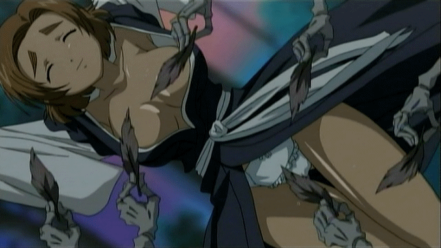 ikuina sumi, amaenaideyo!!, screencap, animated, animated gif, 00s, 1girl, :d, ^ ^, armpits, arms up, blurry, breasts, breasts apart, brown hair, cleavage, closed eyes, cowboy shot, dark skin, depth of field, dutch angle, feathers, frilled panties, frills, gluteal fold, holding, japanese clothes, kimono, large breasts, laughing, legs together, long sleeves, no bra, open clothes, open kimono, open mouth, panties, raised eyebrows, sash, short hair, skeleton, smile, solo focus, standing, thick eyebrows, tickling, underwear, white panties, wide sleeves