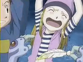 orimoto izumi, ranamon, shibayama junpei, digimon, digimon frontier, animated, animated gif, anime screenshot, lowres, 00s, 1boy, 1girl, digimon (creature), laughing, qvga, tickling, tickling armpits, tickling stomach