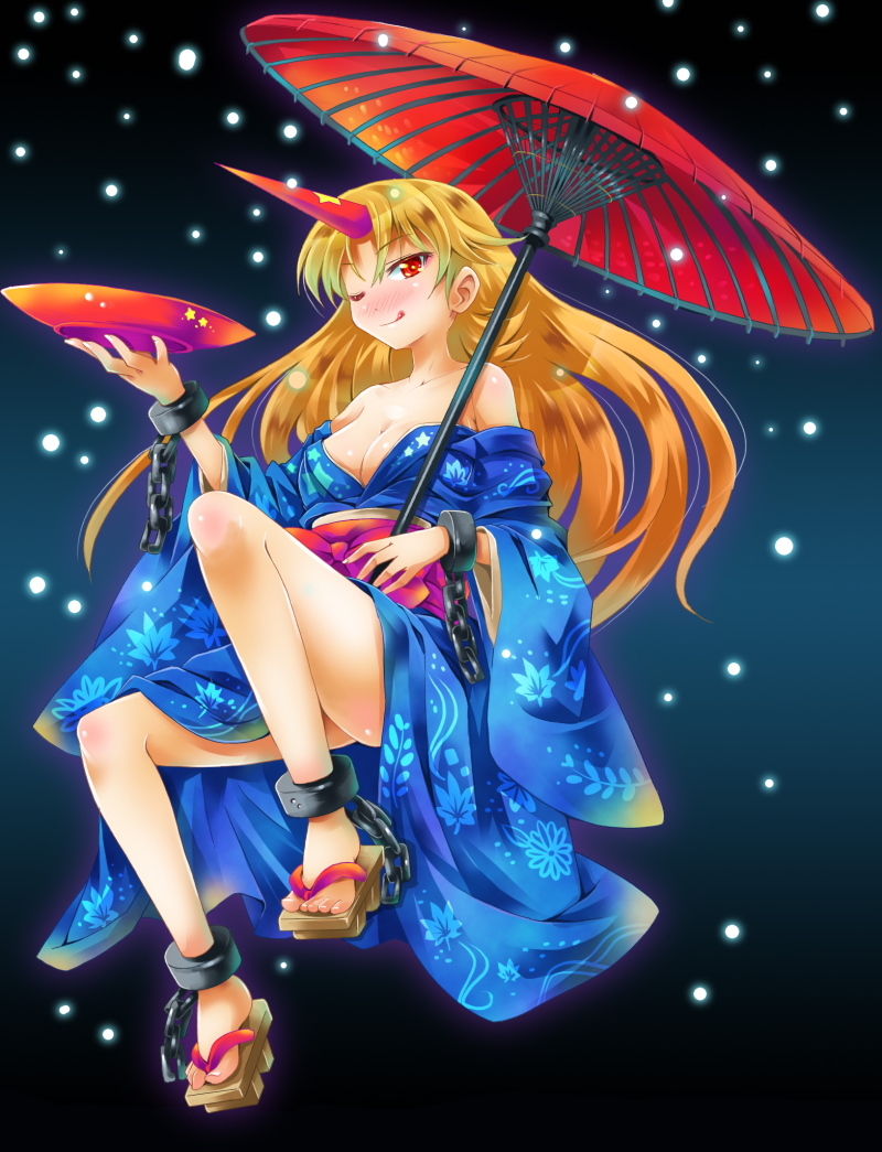 michii yuuki, hoshiguma yuugi, hoshiguma yuugi (kimono), touhou, bad id, bad pixiv id, 1girl, :q, ;q, alcohol, ankle cuffs, bare shoulders, blonde hair, blush, breasts, chain, cleavage, cuffs, cup, demon girl, drink, drunk, female focus, horns, japanese clothes, kimono, large breasts, long hair, oil-paper umbrella, one eye closed, red eyes, sakazuki, sake, single horn, snow, solo, tongue, tongue out, umbrella, wink