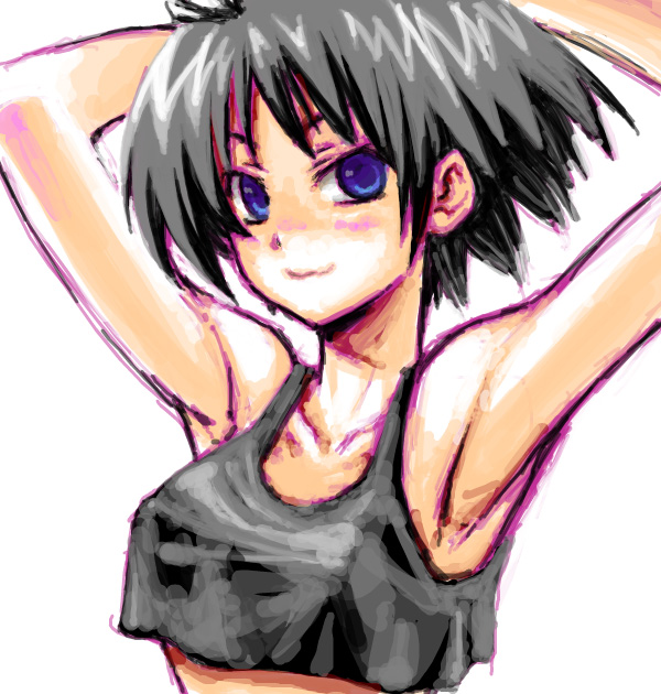 fuyube rion, kikuchi makoto, idolmaster, idolmaster (classic), idolmaster 1, 00s, :3, armpits, arms up, black hair, blue eyes, breasts, midriff, short hair, smile, solo, tank top