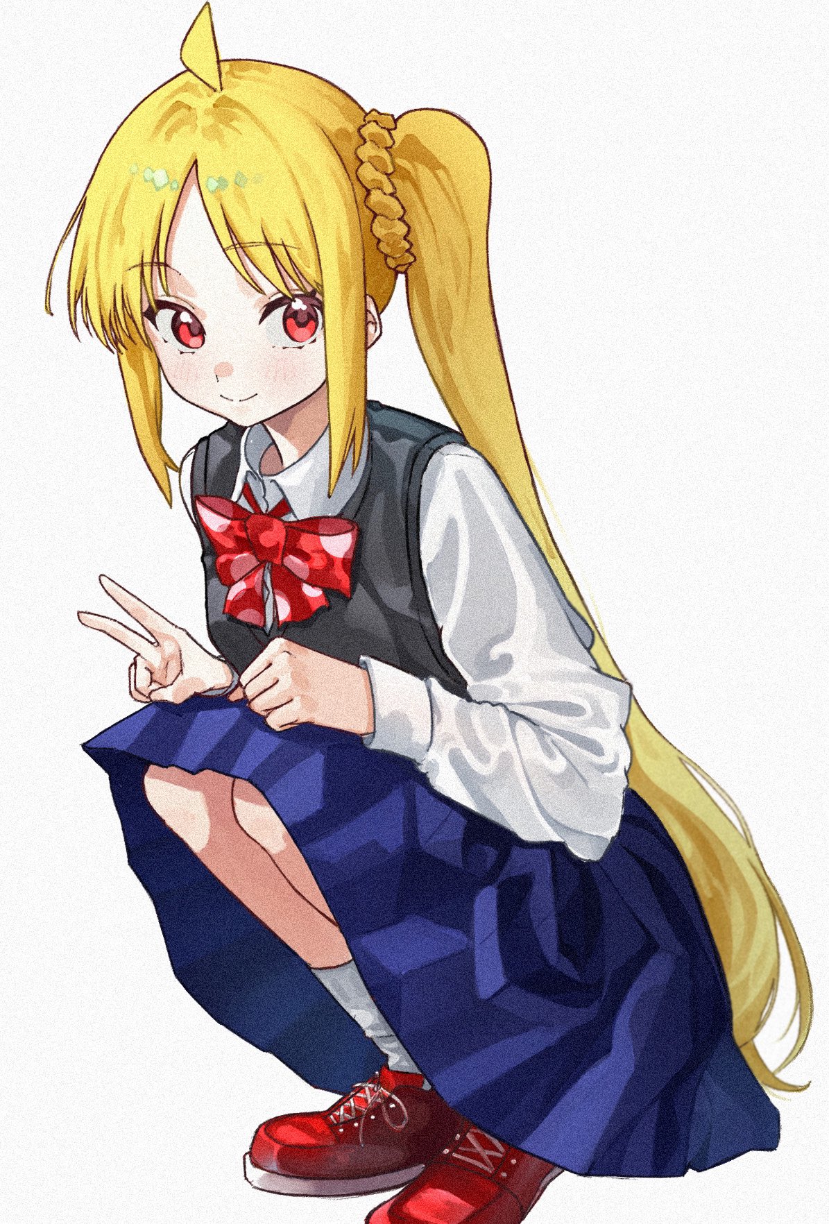 taroekaki, ijichi nijika, bocchi the rock!, commentary, highres, 1girl, ahoge, black sweater vest, blonde hair, blue skirt, blush, bow, bowtie, closed mouth, collared shirt, cross-laced shoes, dress shirt, film grain, hair between eyes, happy, leaning forward, long hair, long skirt, long sleeves, looking at viewer, parted bangs, pleated skirt, polka dot, polka dot bow, polka dot bowtie, red bow, red bowtie, red eyes, red shoes, shirt, shoes, side ponytail, sidelocks, simple background, skirt, smile, sneakers, socks, solo, split mouth, squatting, straight hair, sweater vest, tareme, v, very long hair, white background, white shirt, white socks