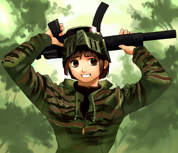 takamichi, heckler & koch, 1girl, airsoft, brown eyes, brown hair, camouflage, female focus, grin, gun, h&k mp5, h&k mp5sd, helmet, hood, hoodie, integral suppressor, integrally-suppressed firearm, jungle, military, military uniform, nature, short hair, smile, solo, submachine gun, suppressor, turtleneck, weapon