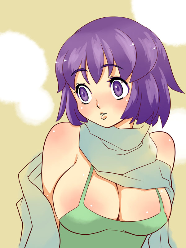 tsuutenkaaku, bare shoulders, breasts, cleavage, huge breasts, purple eyes, purple hair, scarf, short hair, solo