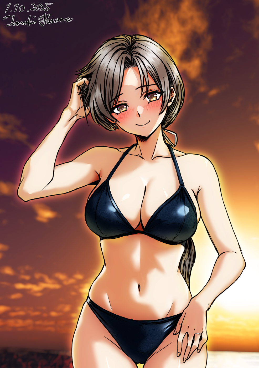 hisama tomoki, chitose (kancolle), kantai collection, commentary request, highres, 1girl, artist name, bikini, black bikini, blush, breasts, brown eyes, cleavage, cowboy shot, dated, grey hair, hair ribbon, hand in own hair, hand on own hip, large breasts, long hair, looking at viewer, navel, orange sky, ponytail, ribbon, sky, smile, solo, stomach, sunset, swimsuit, white ribbon