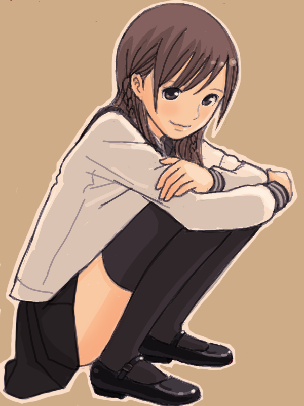kokudou juunigou, braid, brown eyes, brown hair, hugging own legs, mary janes, school uniform, shoes, skirt, smile, solo, squatting, thighhighs, twin braids