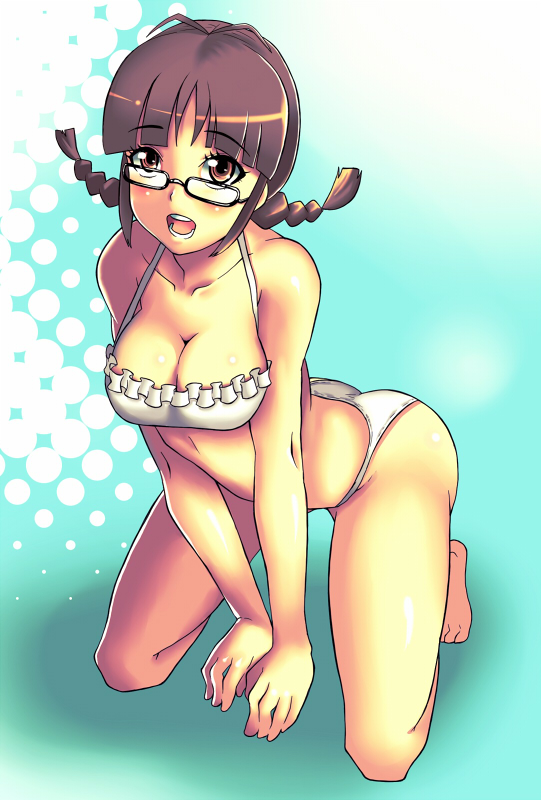 yokkora, akizuki ritsuko, idolmaster, idolmaster (classic), idolmaster 1, 00s, barefoot, bikini, braid, breasts, brown eyes, brown hair, cleavage, glasses, kneeling, large breasts, panties, short hair, solo, swimsuit, twin braids, underwear