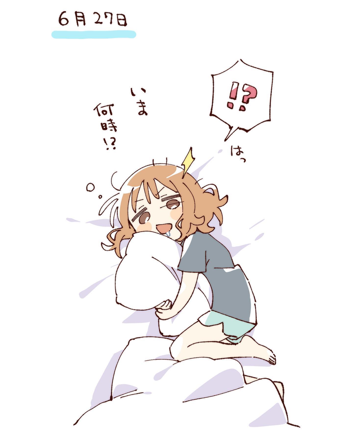 namori, oomuro sakurako, yuruyuri, hashtag-only commentary, highres, translation request, !?, 1girl, barefoot, blanket, blue shirt, blue shorts, blush stickers, brown hair, drooling, full body, hugging object, looking at viewer, lying, messy hair, on bed, on side, open mouth, pillow, pillow hug, shirt, short hair, short sleeves, shorts, simple background, solo, spoken interrobang, white background