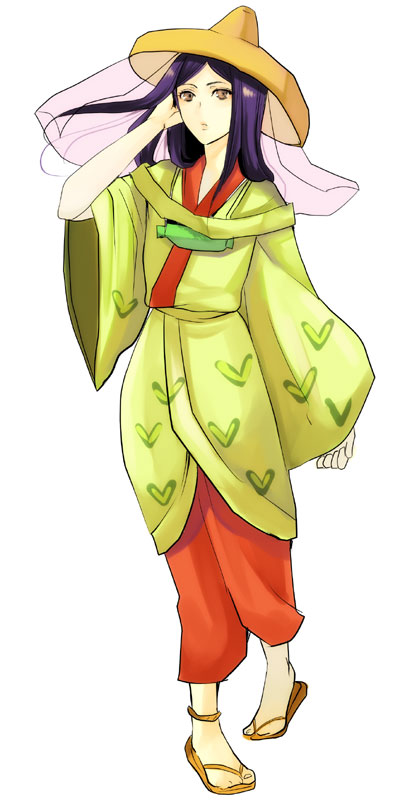 shoko makiko, bad id, bad pixiv id, 1girl, female focus, hand in own hair, hat, japanese clothes, kimono, long hair, pigeon-toed, purple hair, sandals, simple background, solo, veil, white background