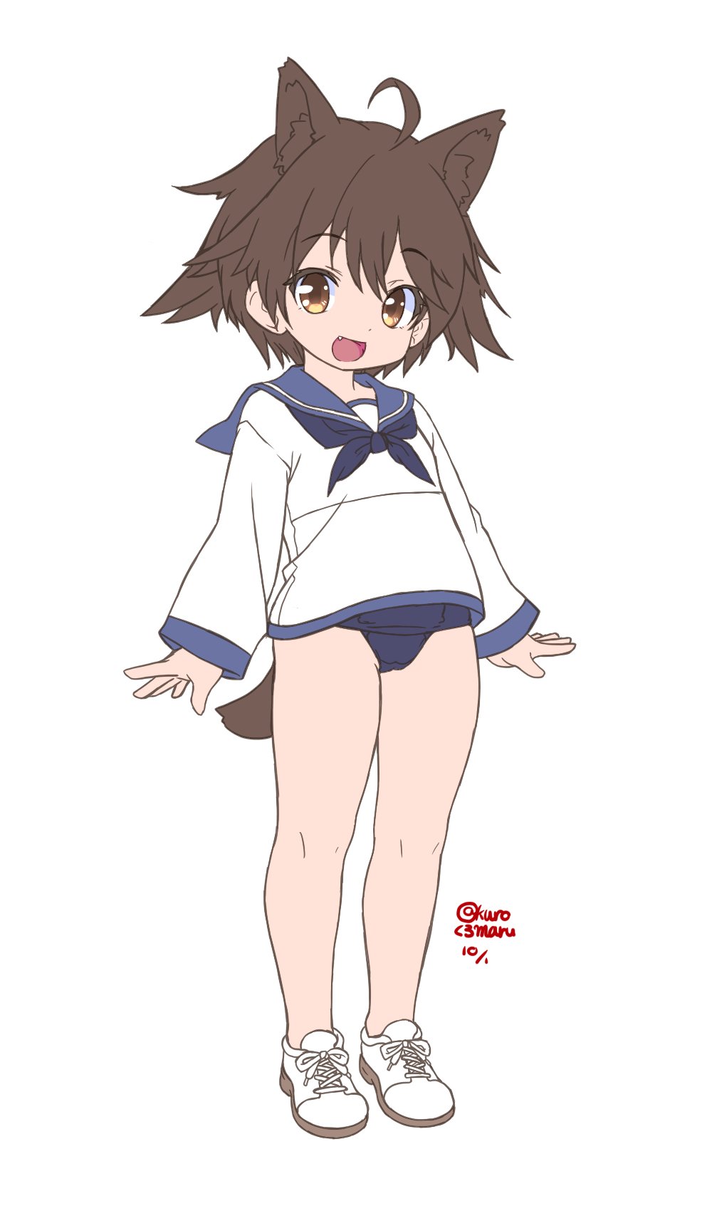 kuromaru-4321, miyafuji yoshika, strike witches, world witches series, commentary request, highres, 1girl, :d, ahoge, animal ear fluff, animal ears, blue neckerchief, blue one-piece swimsuit, blue sailor collar, brown eyes, brown hair, dog ears, dog girl, dog tail, extra ears, fang, full body, hair flaps, long sleeves, looking at viewer, medium hair, neckerchief, no pants, one-piece swimsuit, open mouth, sailor collar, sailor shirt, shirt, shoes, smile, sneakers, solo, standing, swimsuit, swimsuit under clothes, tail, white shirt, white shoes