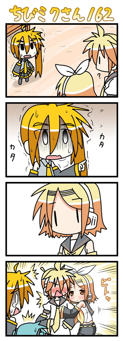 minami (colorful palette), akita neru, chibi miku, hatsune miku, kagamine len, kagamine rin, vocaloid, long image, tall image, 1boy, 3girls, 4koma, ?, blush, brother and sister, chibi, comic, detached sleeves, hair ornament, hair ribbon, hairpin, headphones, multiple girls, ribbon, siblings, silent comic, sweat, tears, twins, | |