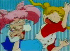 chibi usa, tsukino usagi, bishoujo senshi sailor moon, animated, animated gif, anime screenshot, lowres, >:), 1990s (style), 2girls, barefoot, blonde hair, double bun, feet, foot focus, hair bun, laughing, long hair, multiple girls, open mouth, pink hair, retro artstyle, tickling, twintails
