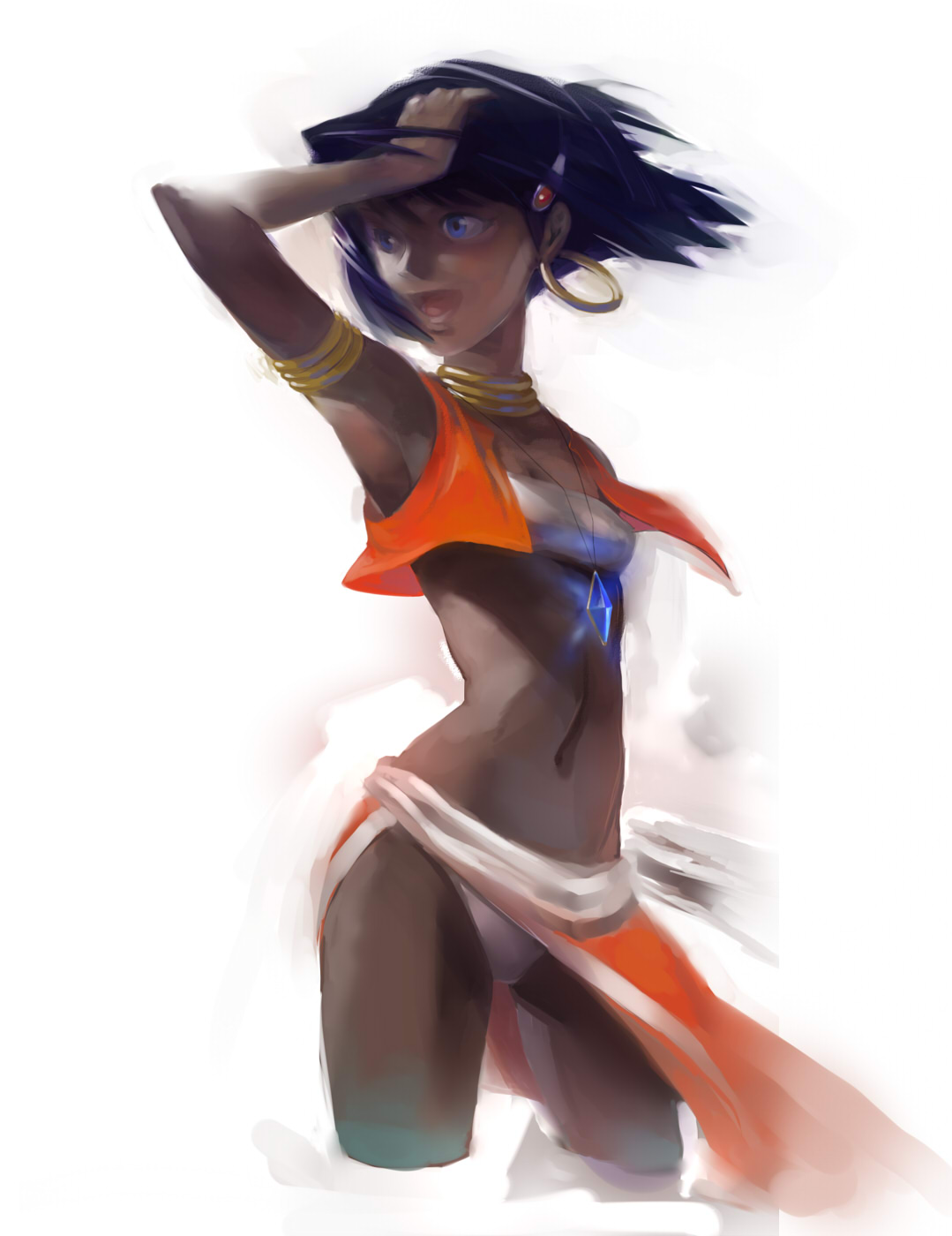 a's, nadia la arwall, fushigi no umi no nadia, bad id, bad pixiv id, highres, 1990s (style), 1girl, armband, armlet, armpits, bandeau, bare shoulders, blue eyes, dark-skinned female, dark skin, earrings, female focus, hair ornament, hairclip, jewelry, loincloth, midriff, neck ring, necklace, panties, pantyshot, purple hair, retro artstyle, short hair, solo, strapless, tube top, underwear, vest, wind