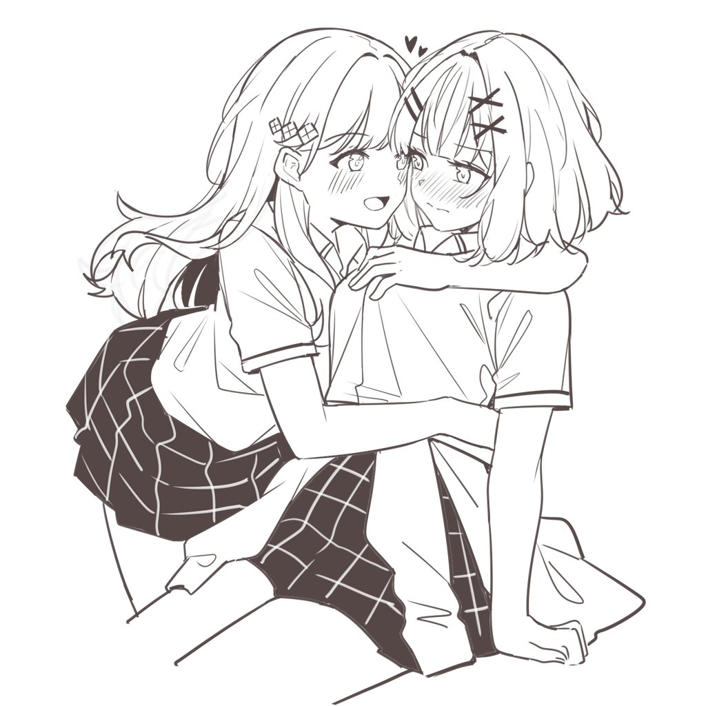milktea (gggrrr2000), amaori renako, sena ajisai, watashi ga koibito ni nareru wake naijan murimuri!, commentary, hashtag-only commentary, 2girls, blush, breasts, closed mouth, clothes around waist, collared shirt, eye contact, greyscale, hair ornament, hairclip, heart, hug, jacket, jacket around waist, long hair, looking at another, medium breasts, medium hair, monochrome, multiple girls, parallel hairclips, plaid clothes, plaid skirt, school uniform, shirt, short sleeves, simple background, skirt, white background, x hair ornament, yuri
