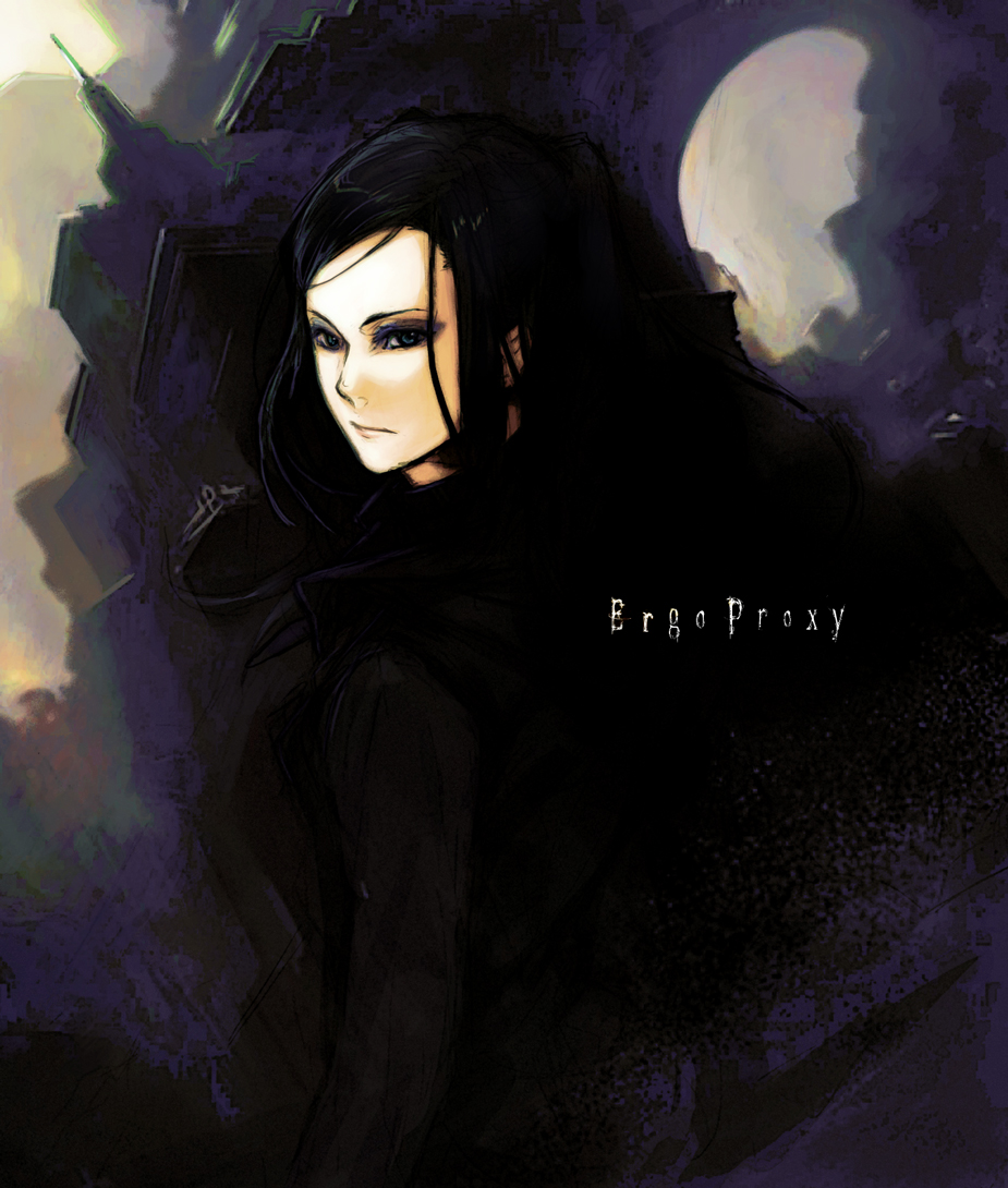 kusumori shiba, re-l mayer, ergo proxy, bad id, bad pixiv id, 00s, 1girl, black hair, dark, eyeshadow, female focus, long hair, makeup, pale skin, solo