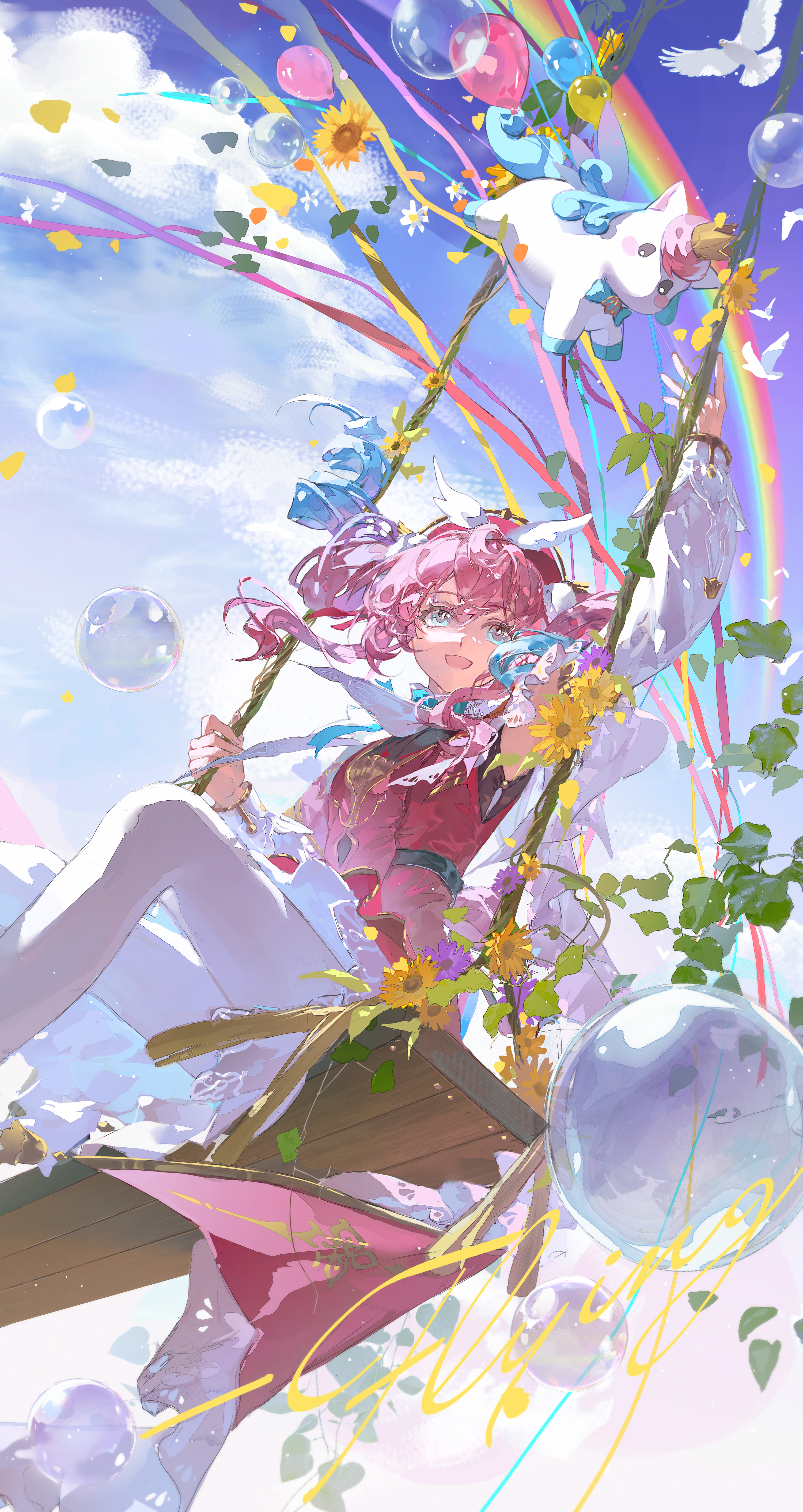 kizumi, hyacine (honkai: star rail), little ica (honkai: star rail), honkai: star rail, honkai (series), absurdres, highres, second-party source, 1girl, aqua bow, aqua bowtie, aqua hair, bow, bowtie, dress, drill hair, floating hair, gradient hair, long sleeves, medium hair, multicolored hair, open mouth, outdoors, pantyhose, pink dress, pink hair, sitting, smile, solo, twin drills, twintails, white pantyhose