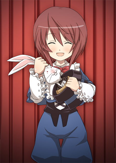 aka (s3637), laplace's demon (rozen maiden), souseiseki, rozen maiden, 00s, 1girl, :d, ^ ^, blue dress, blush, bow, bowtie, brown hair, closed eyes, collar, curtains, dress, female focus, frills, hat, holding, holding unworn clothes, holding unworn hat, long sleeves, no headwear, open mouth, rabbit, short hair, smile, solo, unworn hat, unworn headwear