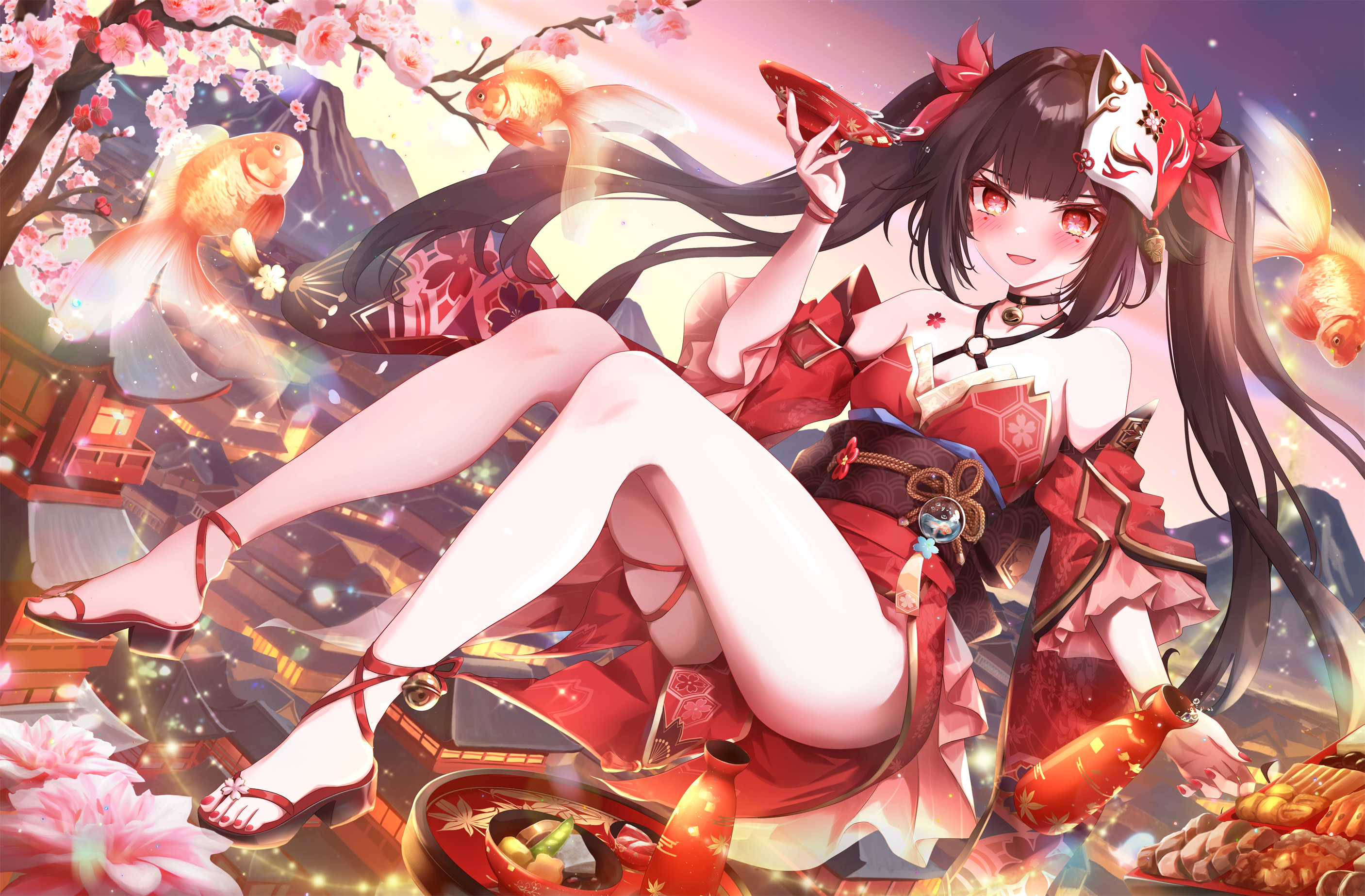 sparkle (honkai: star rail), honkai: star rail, honkai (series), highres, 1girl, ankle bell, bell, blush, bottle, breasts, brown hair, cherry blossoms, cup, dress, eyebrows hidden by hair, fox mask, full body, jingle bell, long hair, looking at viewer, mask, mask on head, medium breasts, mountainous horizon, nail polish, neck bell, open mouth, red dress, red eyes, sakazuki, sake bottle, smile, solo, toenail polish, toenails, toes, twintails, user dzgu5554, very long hair