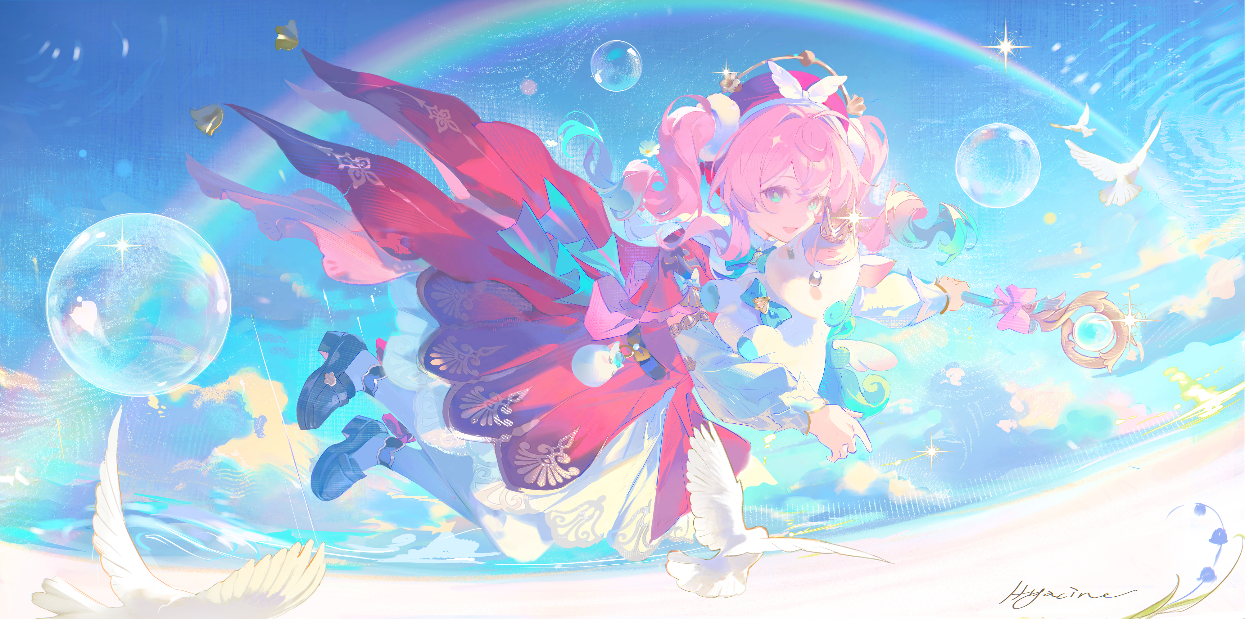 koujuan, hyacine (honkai: star rail), little ica (honkai: star rail), honkai: star rail, honkai (series), absurdres, highres, second-party source, 1girl, aqua bow, aqua bowtie, aqua eyes, bird, black shoes, bow, bowtie, capelet, cloud, cloudy sky, dress, drill hair, flying, hat, loafers, long sleeves, looking at viewer, medium hair, open mouth, pantyhose, pigeon, pink capelet, pink dress, pink hair, pink hat, rainbow, shoes, sky, smile, solo, twin drills, twintails, white pantyhose