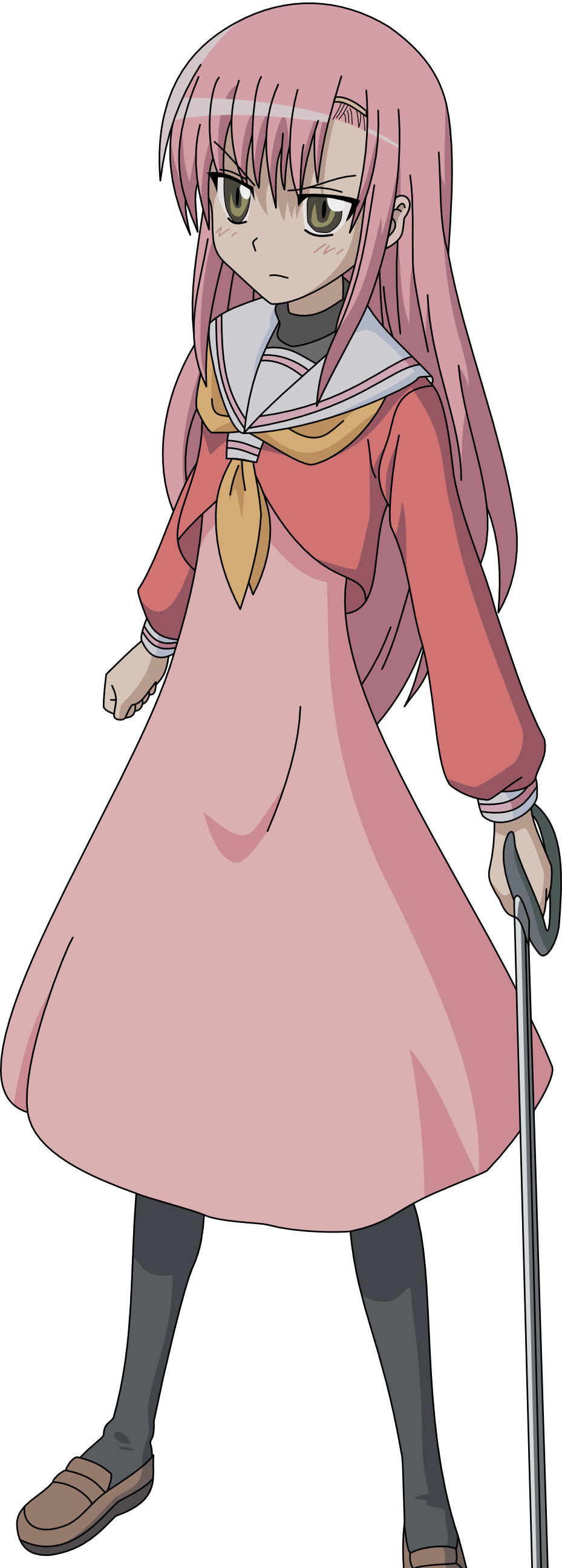 katsura hinagiku, hayate no gotoku!, absurdres, derivative work, highres, vector trace, 00s, pantyhose, pink hair, school uniform, sword, transparent background, weapon