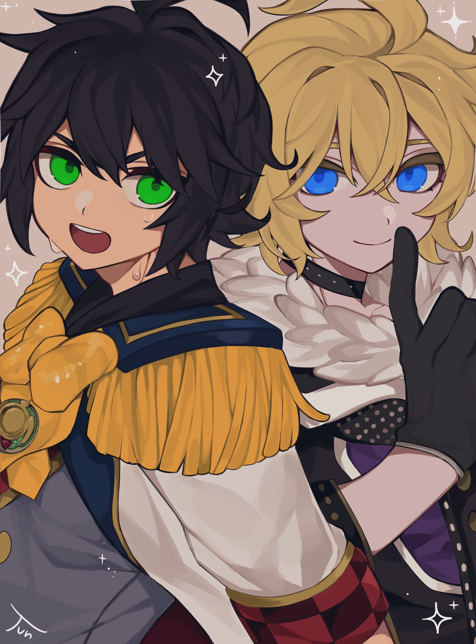 hyakuya mikaela, hyakuya yuuichirou, owari no seraph, bad id, bad twitter id, highres, 2boys, ahoge, artist name, black collar, black gloves, black hair, blonde hair, blue eyes, closed mouth, collar, fur-trimmed jacket, fur trim, gloves, green eyes, grey vest, hair between eyes, jacket, jun hanase, looking at viewer, male focus, military uniform, multiple boys, open mouth, shirt, short hair, smile, sweat, teeth, upper body, vest, white shirt
