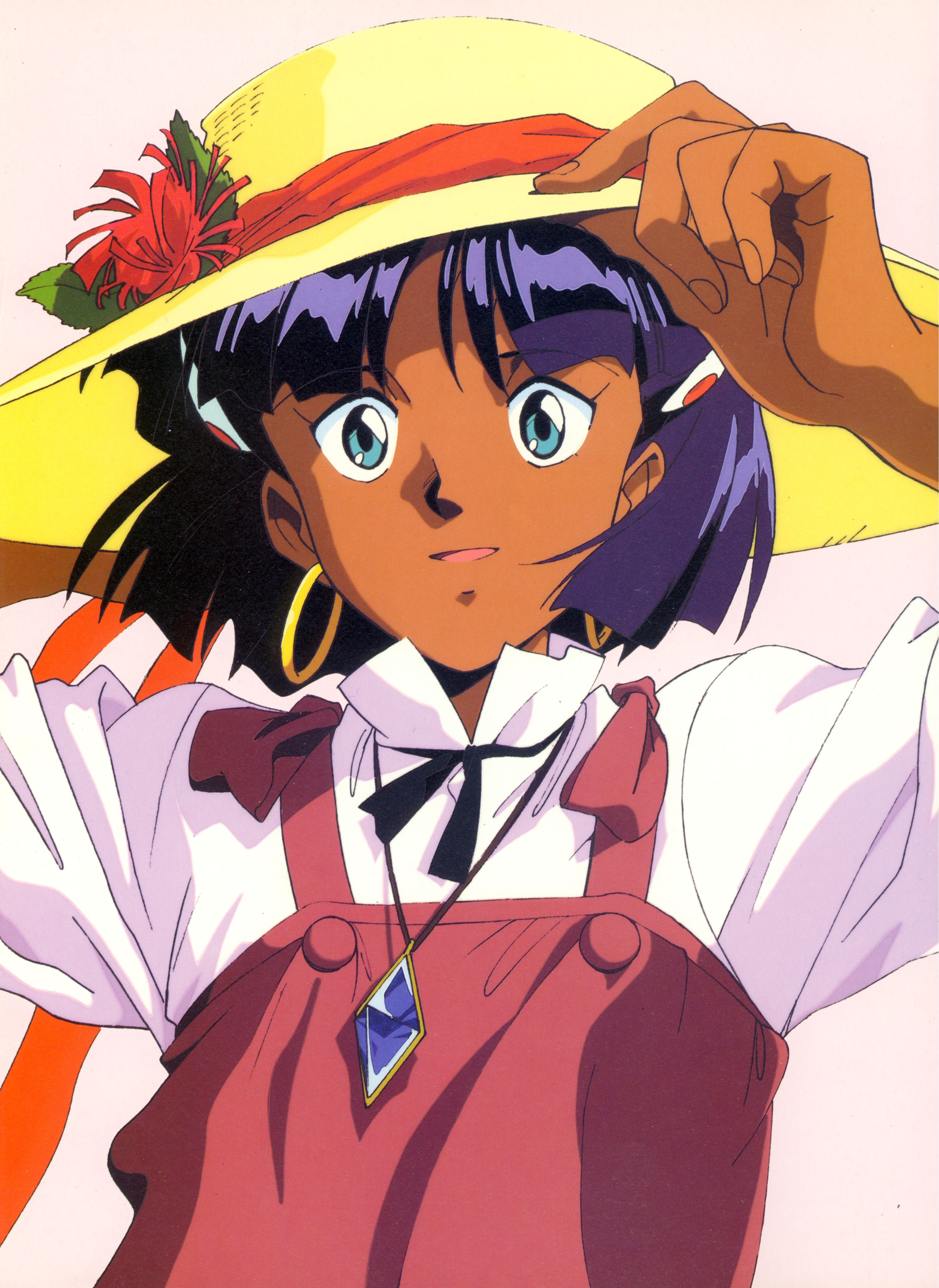 sadamoto yoshiyuki, nadia la arwall, fushigi no umi no nadia, absurdres, highres, scan, 1990s (style), 1girl, arms up, blue eyes, blue hair, dark-skinned female, dark skin, earrings, female focus, hair ornament, hairpin, hat, jewelry, matching hair/eyes, necklace, purple hair, retro artstyle, ribbon, short hair, solo, straw hat