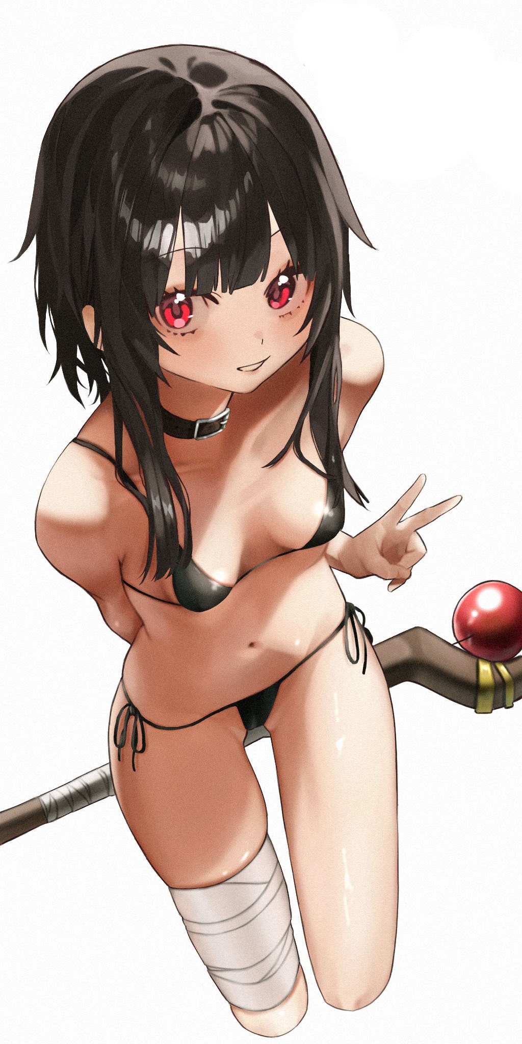 taroekaki, megumin, kono subarashii sekai ni shukufuku wo!, commentary request, commission, highres, skeb commission, 1girl, alternate costume, armpit crease, arms behind back, bandaged leg, bandages, belt collar, bikini, black bikini, black collar, black hair, blunt bangs, blush, breasts, collar, cropped legs, dutch angle, eyelashes, film grain, from above, hair intakes, holding, holding staff, looking at viewer, mage staff, navel, no headwear, parted lips, red eyes, shiny skin, short hair with long locks, side-tie bikini bottom, sidelighting, simple background, skindentation, small breasts, smile, solo, staff, standing, stomach, swimsuit, thighs, upturned eyes, v, white background