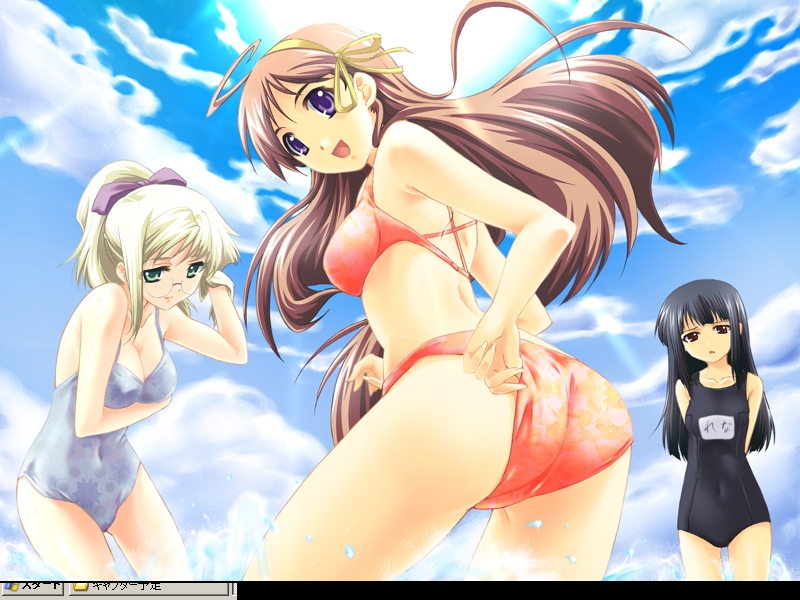 aisaka naoki, angela orsini, kamui rena, ooishi kaede, cross fire (janis), breast hold, game cg, 3girls, adjusting clothes, adjusting swimsuit, ahoge, arms behind back, ass, bikini, black hair, black one-piece swimsuit, blonde hair, bow, breasts, brown eyes, brown hair, cleavage, cloud, day, glasses, green eyes, hair bow, hairband, long hair, looking back, medium breasts, multiple girls, name tag, one-piece swimsuit, outdoors, ponytail, purple eyes, school swimsuit, sky, smile, splashing, swimsuit, water