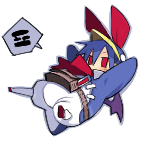 harada takehito, pleinair, prinny, original, lowres, 1girl, blue hair, cosplay, female focus, prinny (cosplay), red eyes, solo