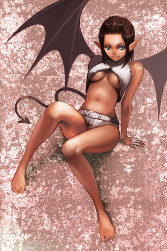 izumi (walnov), lilim (megami tensei), atlus, devil summoner (series), shin megami tensei, 1girl, arm support, bare shoulders, barefoot, bat wings, blue eyes, breasts, brown hair, dark-skinned female, dark skin, demon (megami tensei), demon girl, demon tail, feet, female focus, midriff, pointy ears, red hair, short hair, sitting, solo, tail, underboob, wings