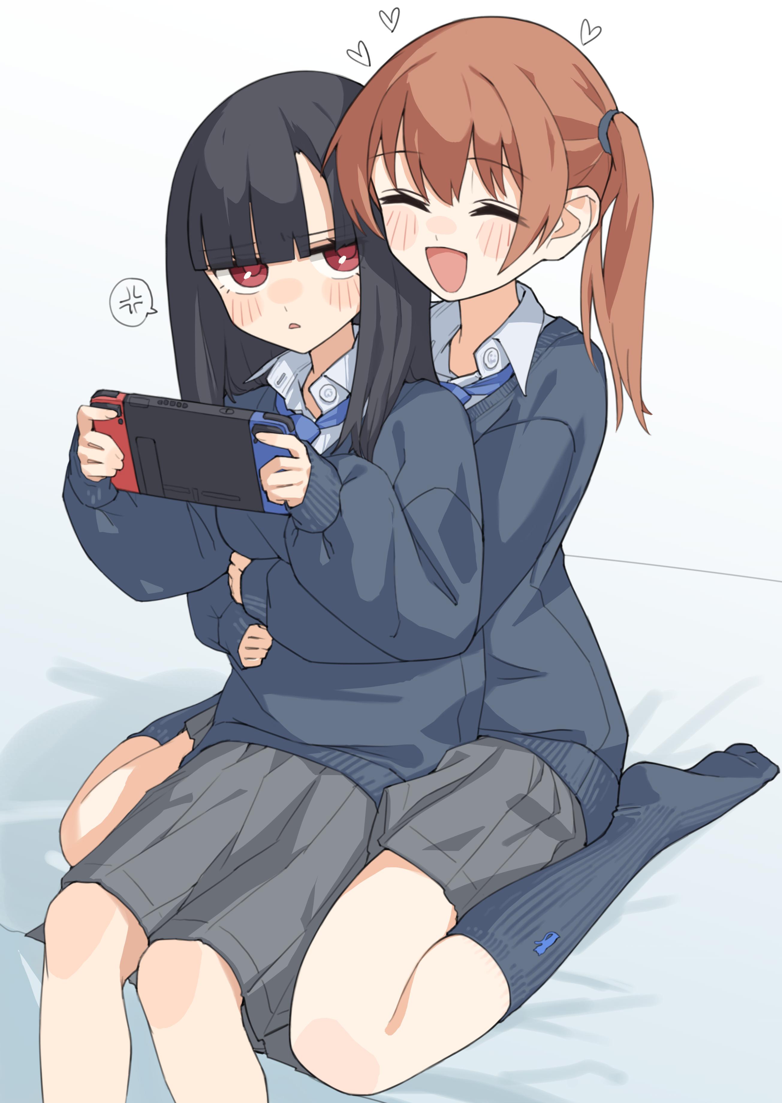 kopaka (karda nui), original, absurdres, highres, 2girls, :d, ^ ^, anger vein, black hair, brown hair, closed eyes, heart, hug, hug from behind, kneehighs, long hair, multiple girls, nintendo switch, open mouth, red eyes, school uniform, side ponytail, sitting, sitting on lap, sitting on person, smile, socks, spoken anger vein, wariza, yuri
