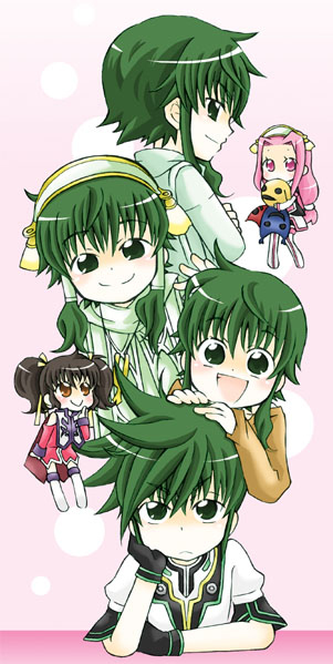 anise tatlin, arietta (tales), florian, florian (tales), ion (tales), sync (tales), tales of (series), tales of the abyss, 00s, 2girls, 4boys, black hair, brown eyes, doll, gloves, green eyes, green hair, hair tubes, multiple boys, multiple girls, pink eyes, pink hair, ribbon, short hair with long locks, smile