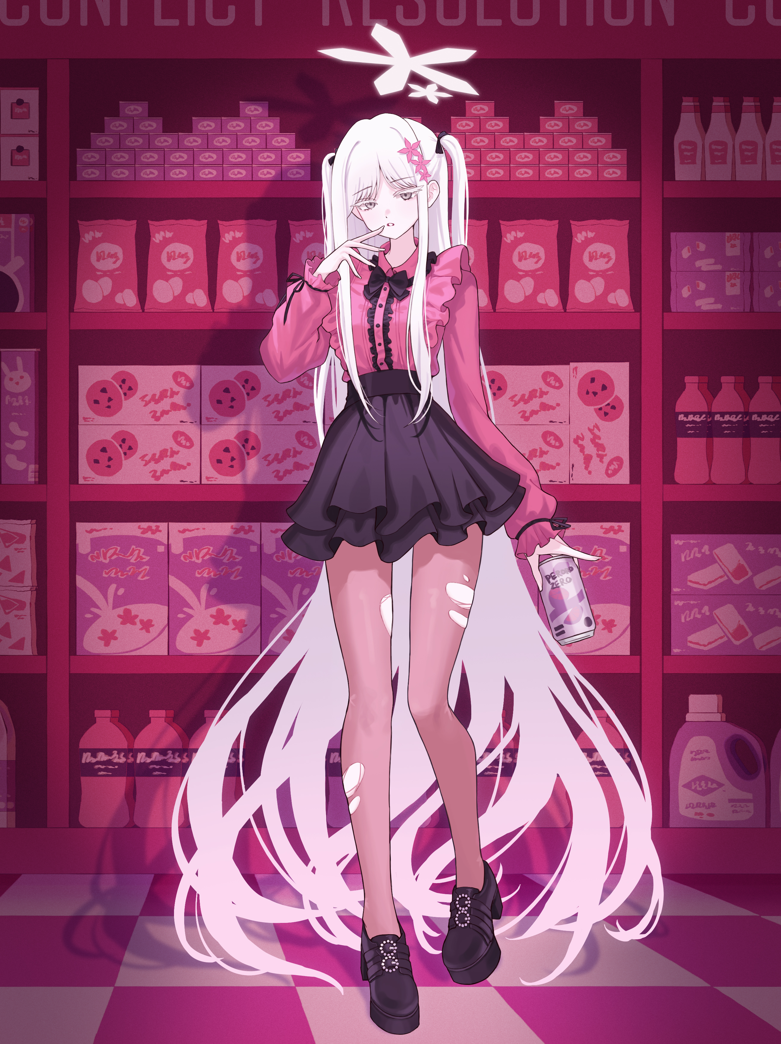 sxrxri a, nagusa (blue archive), blue archive, absurdres, highres, 1girl, alternate costume, alternate hairstyle, black pantyhose, black shoes, black skirt, drink, frilled shirt, frills, halo, high-waist skirt, holding, holding drink, indoors, jirai kei, long hair, looking at viewer, pale skin, pantyhose, parted lips, pink shirt, shirt, shoes, sidelocks, skirt, solo, torn clothes, torn pantyhose, twintails, white eyes, white hair, white halo