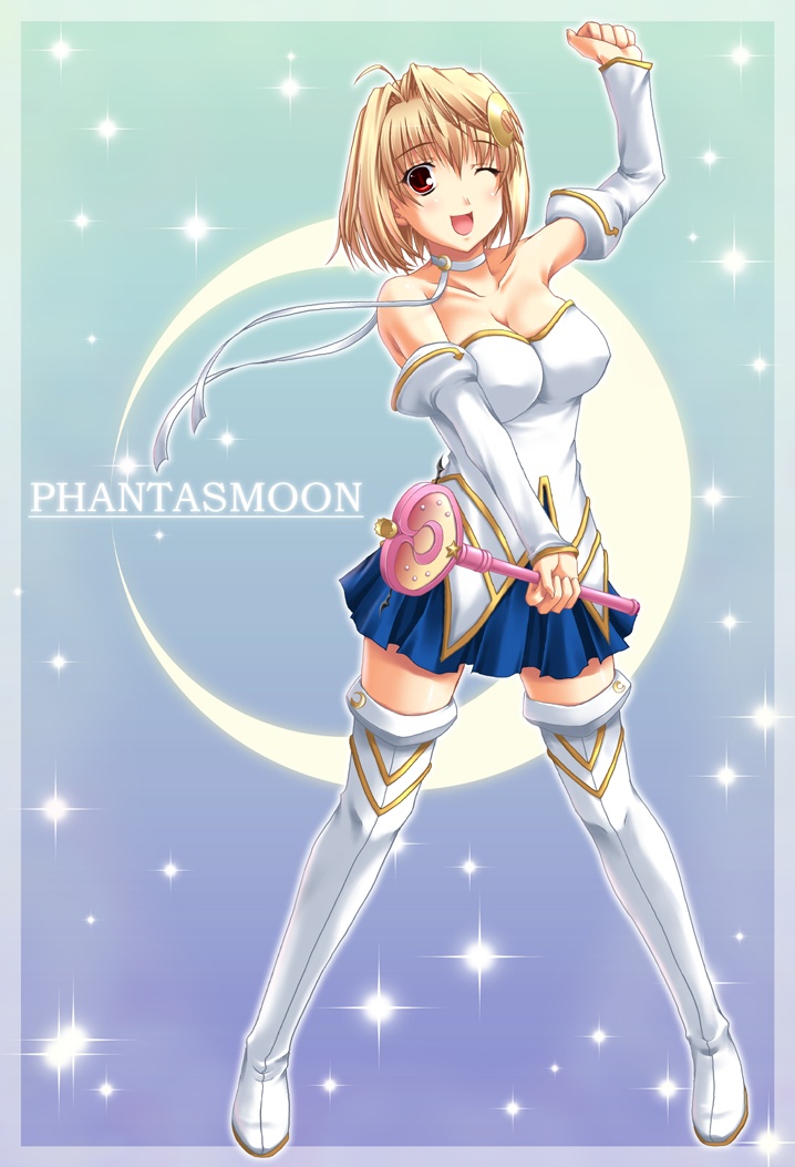 miyai sen, arcueid brunestud, phantas-moon, tsukihime, 00s, 1girl, bare shoulders, blonde hair, boots, breasts, choker, cleavage, crescent, crescent hair ornament, detached sleeves, dress, female focus, hair ornament, magical girl, one eye closed, red eyes, short hair, small breasts, solo, strapless, strapless dress, thigh boots, thighhighs, wand, wink, zettai ryouiki