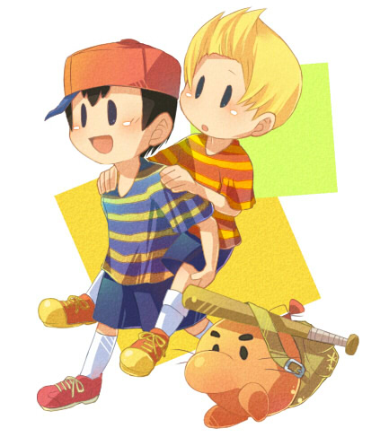 doseisan, lucas (mother 3), ness (mother 2), mother (series), mother 2, mother 3, nintendo, super smash bros., lowres, 2boys, bag, baseball bat, black hair, blonde hair, child, hat, male focus, multiple boys, quiff, ribbon, smile
