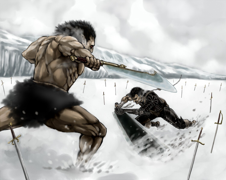 kataoka kurihiko, guts (berserk), zodd (berserk), berserk, 1990s (style), 2boys, all male, battle, dragonslayer (sword), field of blades, huge weapon, male focus, manly, multiple boys, muscular, prosthesis, snow, sword, weapon