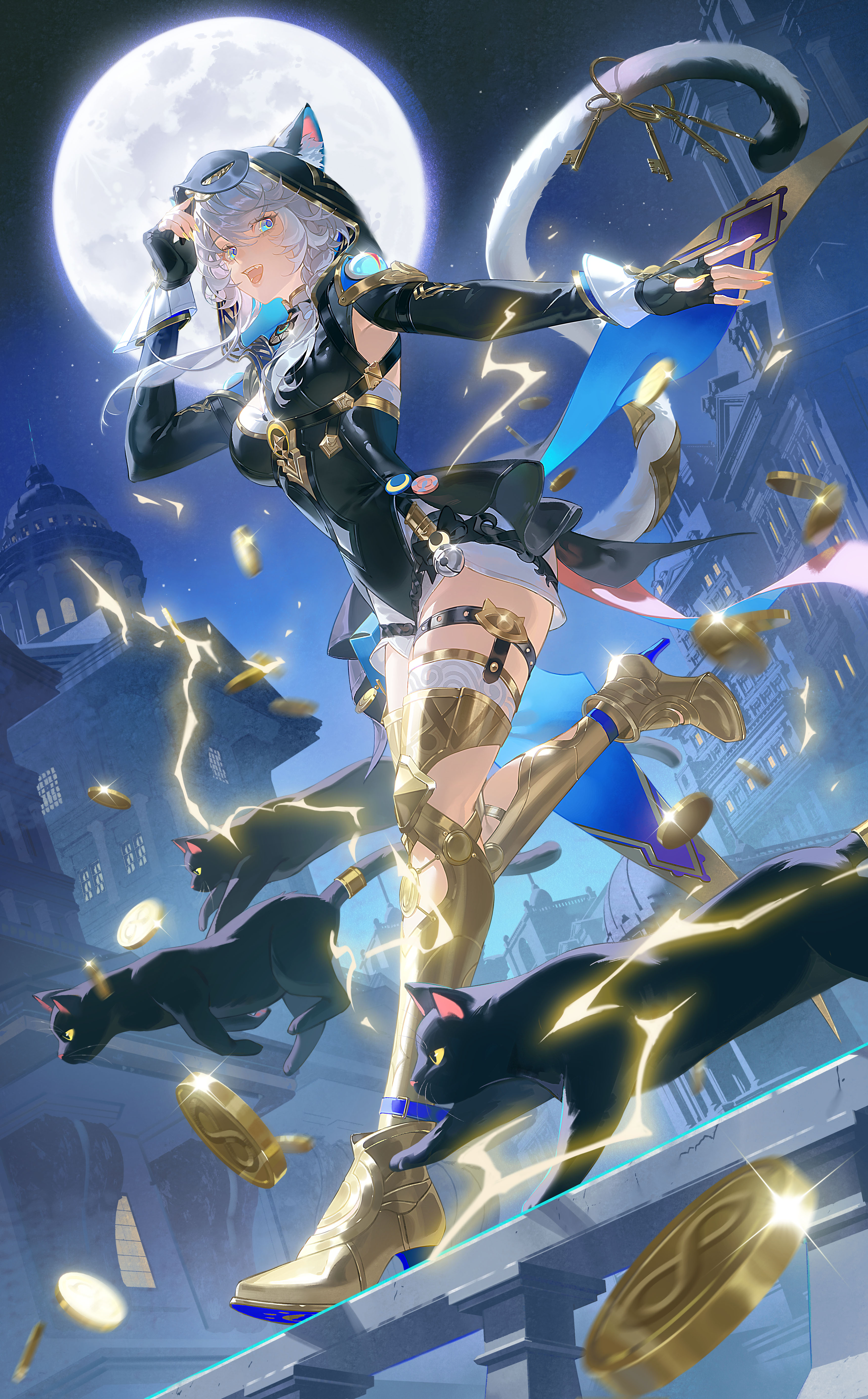 zhongjin, cipher (honkai: star rail), honkai: star rail, honkai (series), absurdres, highres, second-party source, 1girl, animal ear fluff, animal hood, belt, black cat, black gloves, blue eyes, boots, cat, cat girl, cat hood, cat tail, fingerless gloves, full body, full moon, gloves, gold boots, grey hair, high heels, hood, looking at viewer, moon, night, night sky, outdoors, sky, smile, solo, tail, thigh belt, thigh strap