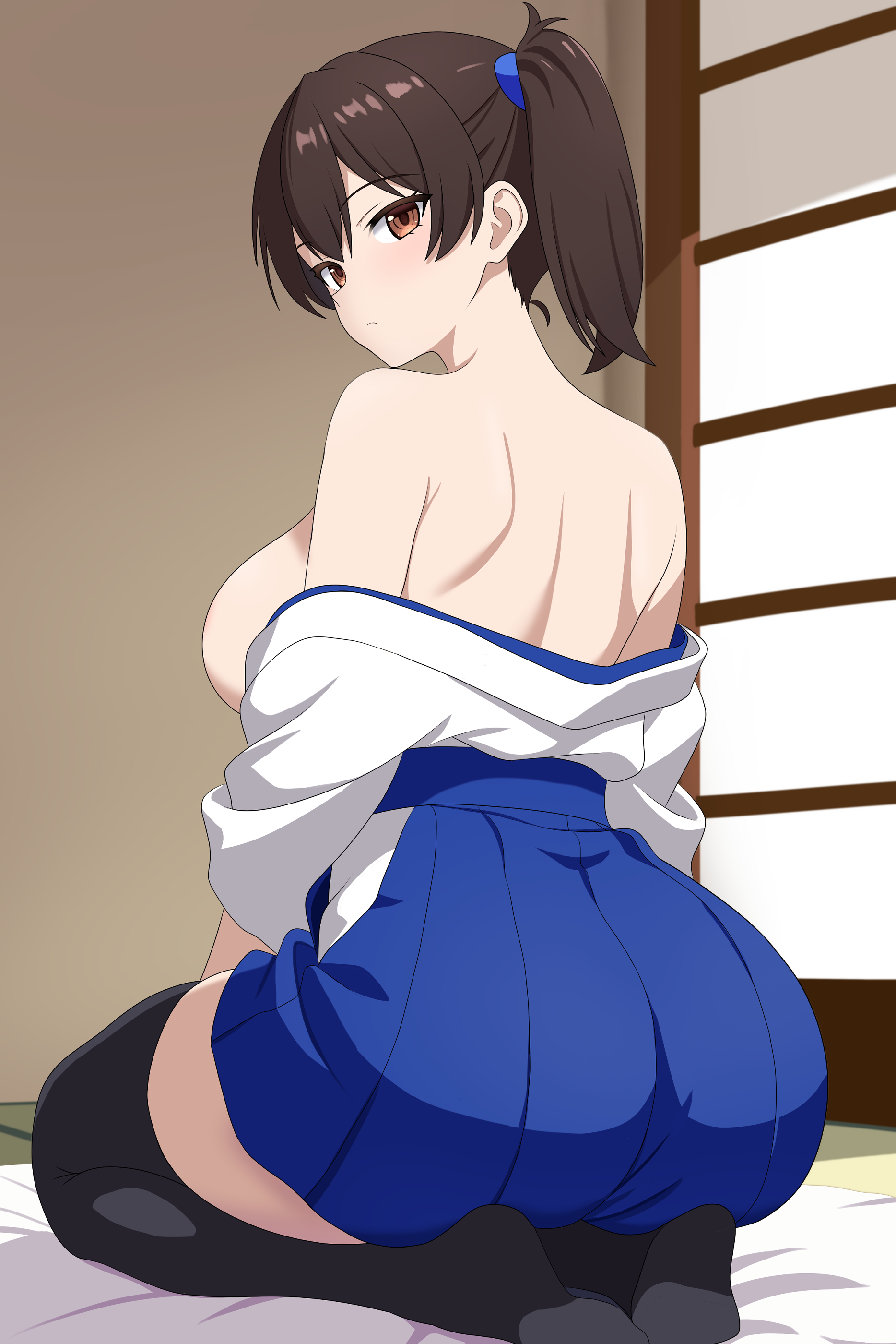sumiboshi (zatsuha), kaga (kancolle), kantai collection, absurdres, commentary request, highres, 1girl, ass, bare shoulders, black thighhighs, blue hakama, breasts, brown eyes, brown hair, from behind, full body, hakama, hakama short skirt, hakama skirt, indoors, japanese clothes, large breasts, looking at viewer, looking back, seiza, shirt partially removed, short hair, short sidetail, side ponytail, sitting, skirt, thighhighs