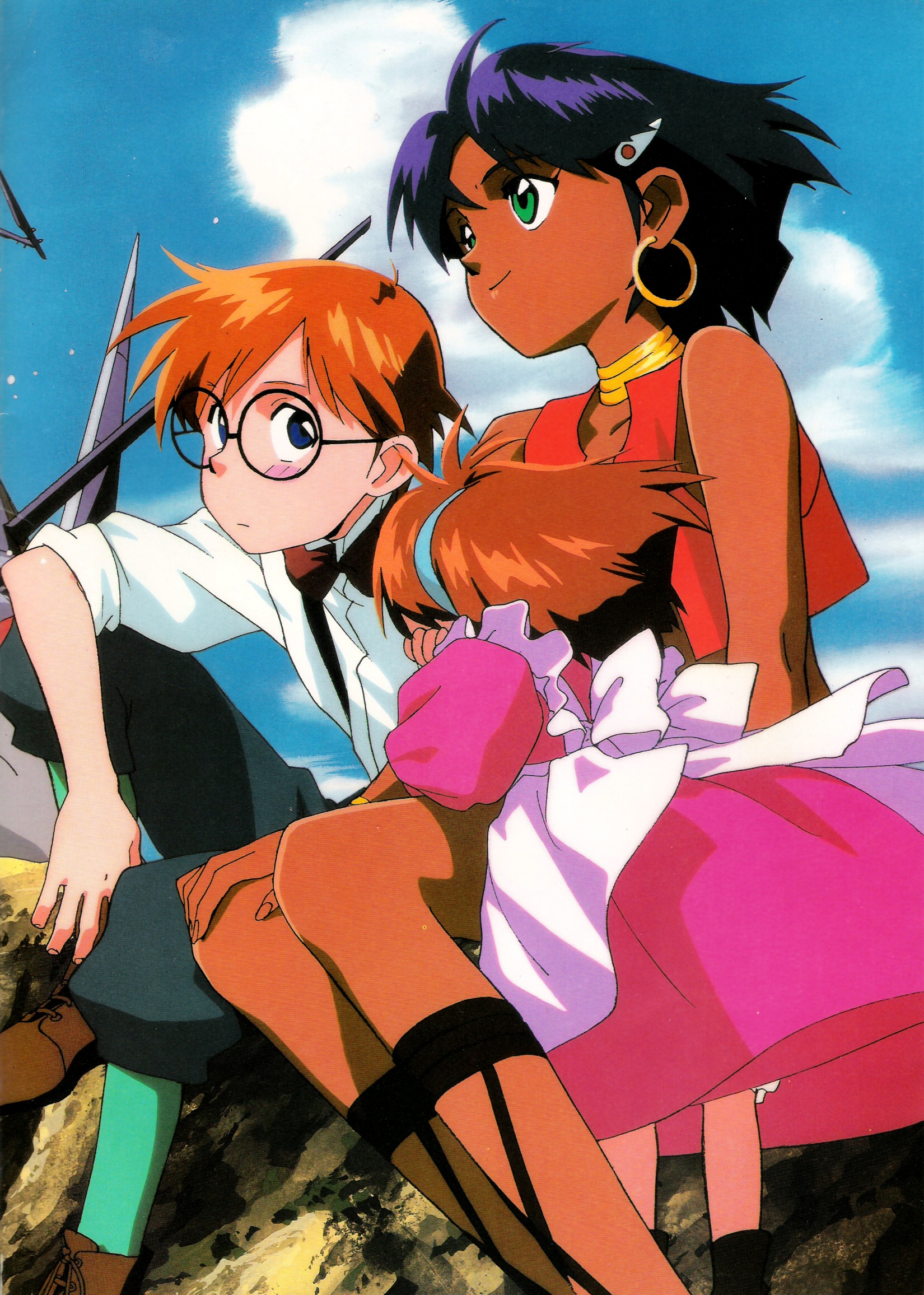 jean roque lartigue, jean roque raltique, marie en carlsberg, nadia la arwall, fushigi no umi no nadia, cross-laced footwear, highres, scan, 1boy, 2girls, blue eyes, cloud, dark skin, earrings, glasses, green eyes, jewelry, multiple girls, neck ring, orange hair, purple hair, sandals, sky, vest